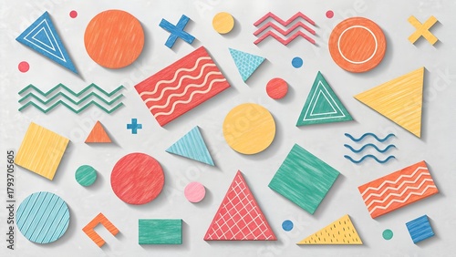 Vibrant geometric shapes create a playful modern pattern, perfect for backgrounds, branding, or adding a pop of color to your designs with a fun and artsy touch