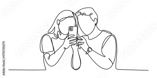 Continuous line drawing of a young couple or friends looking at a smartphone screen, sharing content, connection, and social media engagement Vector