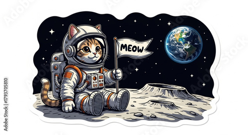 An astronaut cat sits on the moon with a "meow" flag. Cute sci-fi illustration with Earth in the distance. White background sticker.