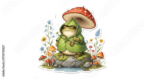 A whimsical frog in leaf raincoat with mushroom umbrella sits on a mossy stone. Charming vintage children's book style sticker design.