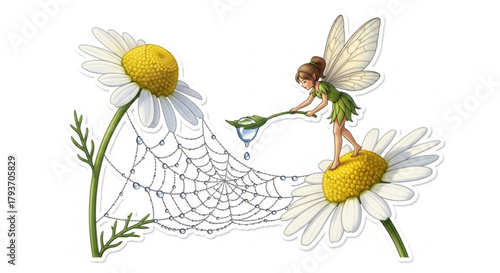 fairy collecting dew with a leaf spoon on a chamomile flower. Detailed sticker design with soft dawn lighting on white.