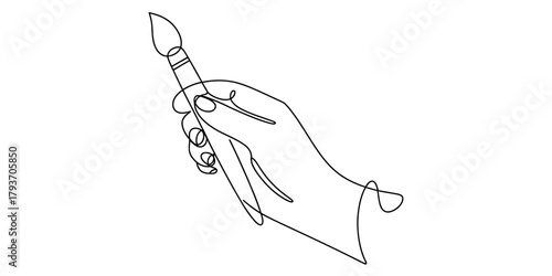Elegant single line art of a human hand holding a painting brush, symbolizing artistic creation, creative process, and imaginative expression. Vector