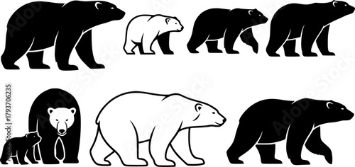Polar bear silhouettes, Polar bear, Polar bear vector illustration, Polar bear vector, Bear silhouettes, Polar bear clipart set