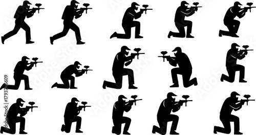 Paintball player silhouettes, Paintball player, Paintball player clipart, Paintball silhouettes, Paintball player set