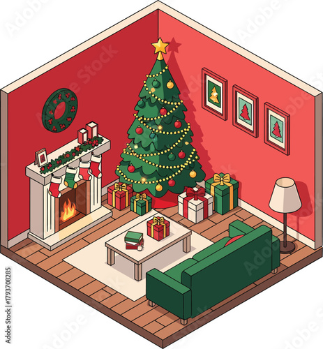 Isometric illustration of a cozy living room with a Christmas tree, fireplace, and gifts in a warm, festive atmosphere with red walls and a green couch.