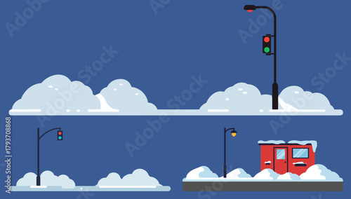 Snow-covered traffic lights and winter scenery on blue background  