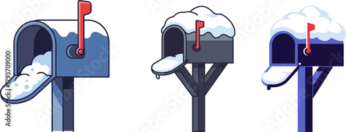 Mailboxes with snow accumulation on rooftops in winter setting  