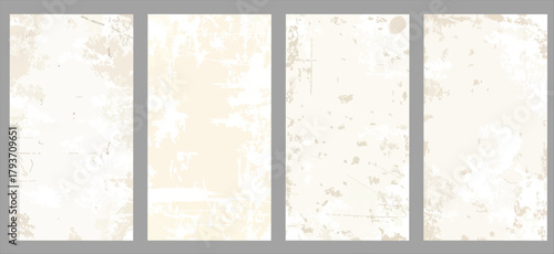 Set of beige distressed grunge textures with worn surface patterns and rough abstract details in vertical panels. Concept of vintage, design, texture, creativity, and retro aesthetics.