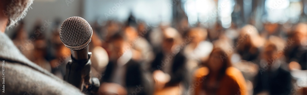 Fototapeta premium lecturer holding microphone near blurred audience during seminar, banner. High quality
