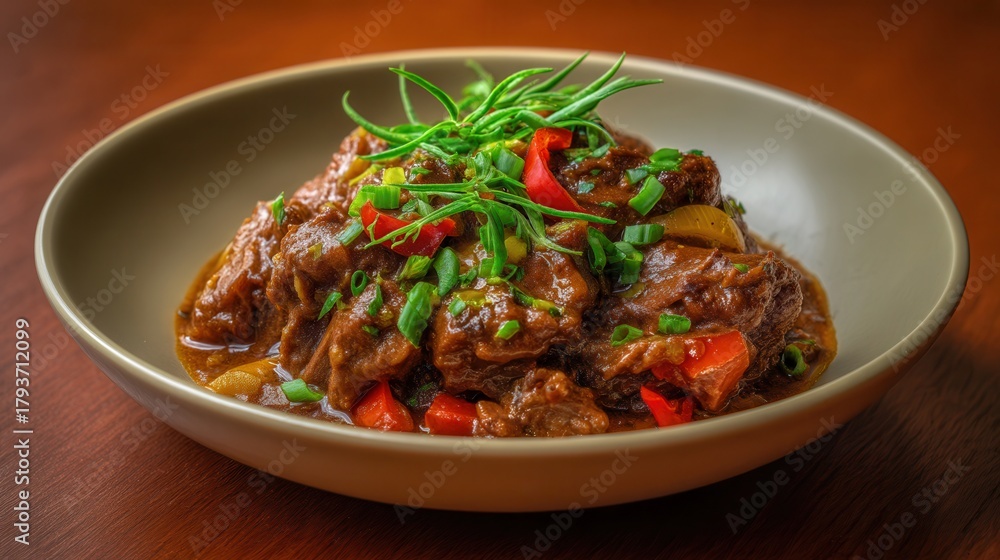 Fototapeta premium Savory Delight of Guinea Hog Pepperpot Showcasing Slow-Cooked Heritage Pork With Cassareep and Chili