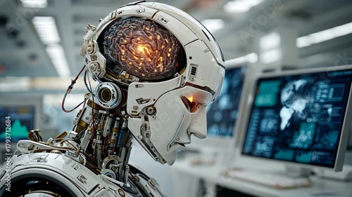 Futuristic Human-Like Robot with Advanced Robotics in High-Tech Industrial Environment: A Glimpse into Cybernetics, Artificial Intelligence, and Modern Machinery Integration