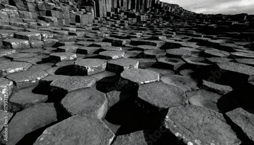 Close-up view of the hexagonal basalt columns at the Giant's Causeway in Northern Ireland.