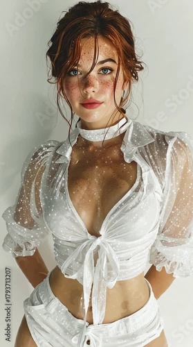 A young AI woman in white, looking into the camera.