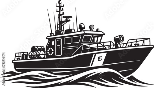 Black and White Illustration of a Patrol Boat on Waves