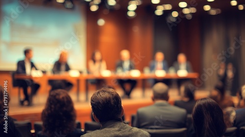 Panel Discussion Blur: A blurred background of a panel discussion in a conference hall, with panelists and a moderator. High quality