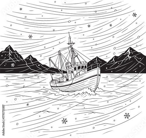 Fishing boat braves stormy seas with snow falling
