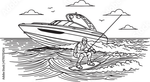 Man wakeboarding behind a speed boat