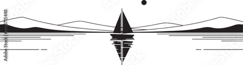 Minimalist Sailboat Reflection on Water with Mountains