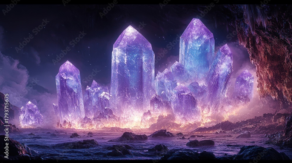 Obraz premium Glowing purple and blue crystals illuminate a mystical cave at night.