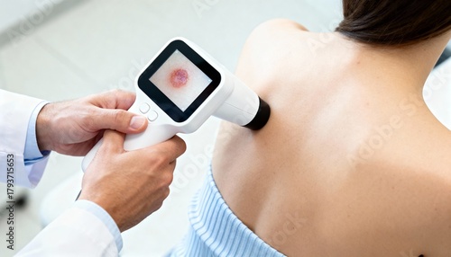 Dermatologist examining a mole on a patients back with a dermatoscope skin cancer prevention early detection
