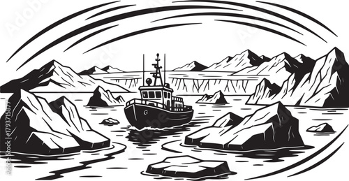 Ship Navigating Through Arctic Icebergs and Mountains