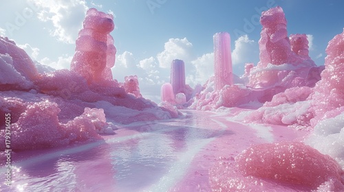 Surreal pink landscape with gummy bear structures and flowing river.