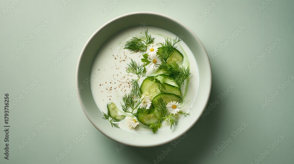 Obraz premium A Minimalist Composition of Bulgarian Tarator With Delicate Cucumber Slices and Dainty Blooms in a Studio Setting