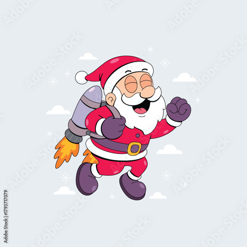 Happy cartoon Santa Claus character flying with a futuristic jetpack for a fast Christmas delivery. Modern vector illustration of a jolly Saint Nicholas soaring through the sky with a rocket pack