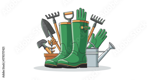 Gardening Tools and Boots - A Gardeners Essential Collection.
