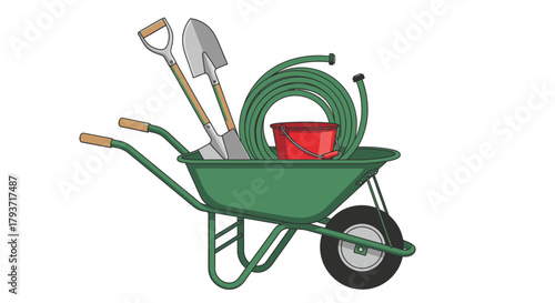 Gardening Tools in a Wheelbarrow - Shovel, Spade, Hose, and Bucket.