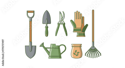 Gardening Tools Collection - Shovel, Trowel, Pruners, Gloves, Watering Can, Rake, and Seed Bag.