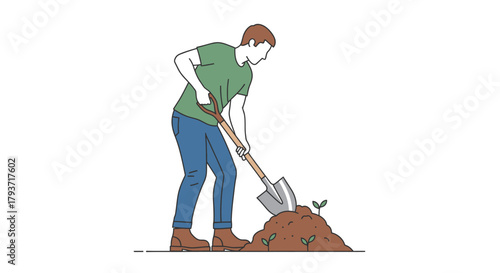 Man diligently digging in the soil with a shovel.