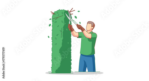 Man meticulously trimming a tall, lush green hedge with shears.