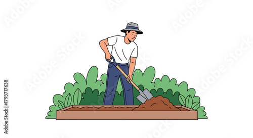 Man Tilling Soil in Garden with Shovel, Preparing for Planting.