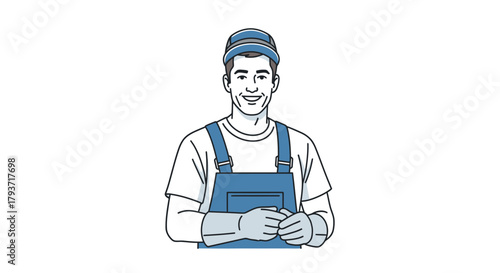Smiling Worker in Overalls with Hands Clasped.