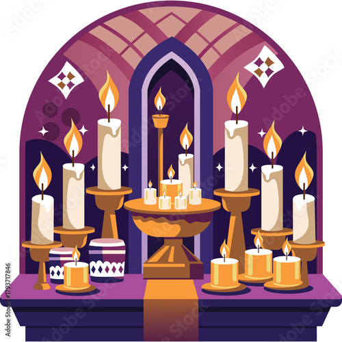 Pixel Art Cathedral Interior With Many Lit Candles In Orange And Purple Tones Casting Warm Light
