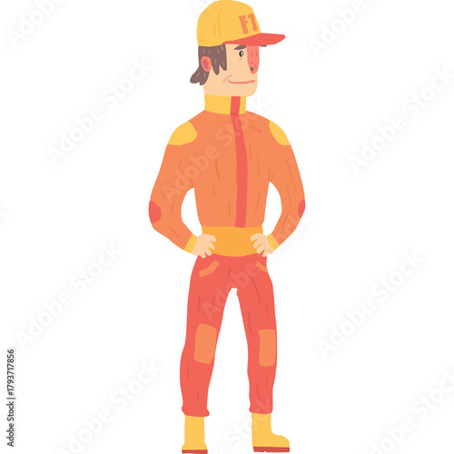 Pixel Art Character Wearing Orange and Red Work Uniform and Yellow Hard Hat Standing Confidently with Hands on Hips