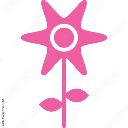 Pink stylized flower illustration with a green stem and two leaves on a transparent background