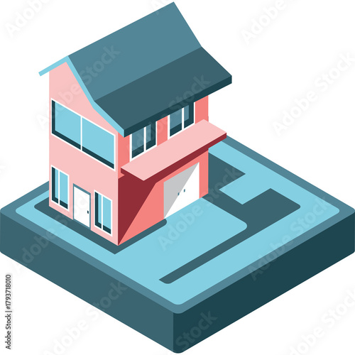Pink Two Story House With Blue Roof And Garage Isometric View On Transparent Background