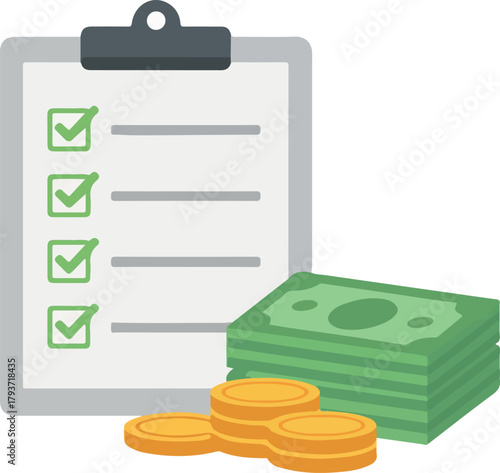 Clipboard with checklist, money stack and coins illustration.