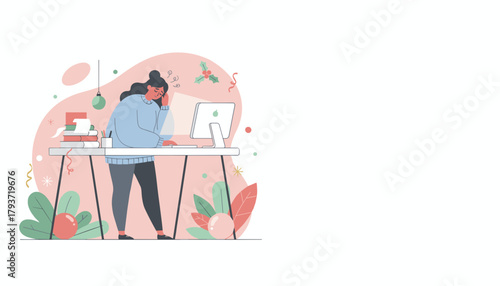 Stressed office worker dealing with holiday season burnout and deadlines at her desk