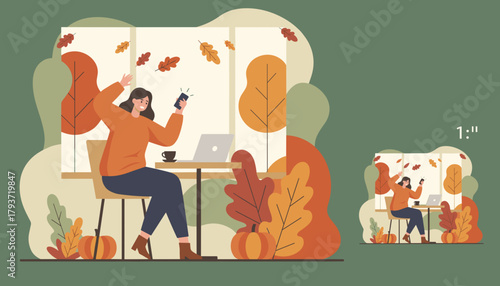 Joyful woman reads exciting news on her phone while teleworking in a cozy autumn setting