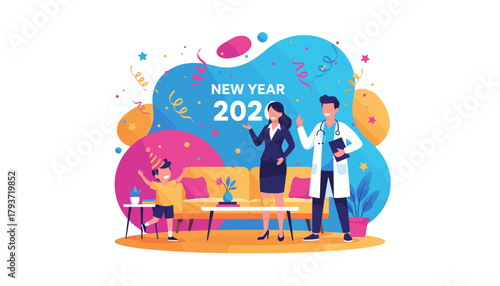 Professionals doctor executive and child celebrate New Year 2020 for health and business success