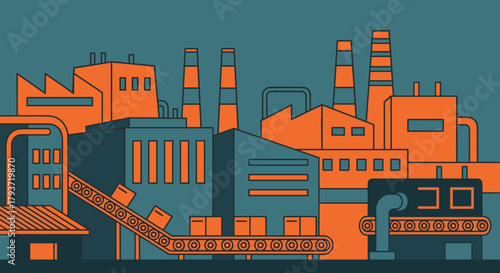 Industrial factory buildings illustration with conveyor belts symbolizing production automation and logistics