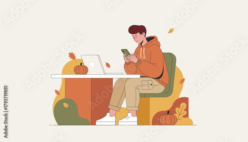Remote work concept Young person checking smartphone at autumn desk setup