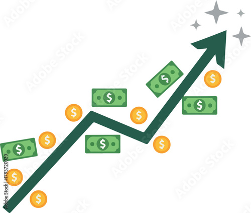 Green arrow pointing up with money and coins indicating financial growth.