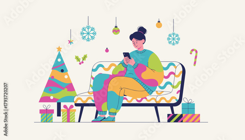 Woman using smartphone near festive Christmas decorations Holiday connection and cozy winter leisure