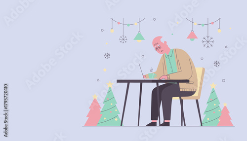 Stressed senior man works on laptop alone during Christmas holidays Remote work or holiday loneliness