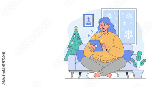 Frustrated woman holding a glitching tablet in a cozy living room during the winter holidays