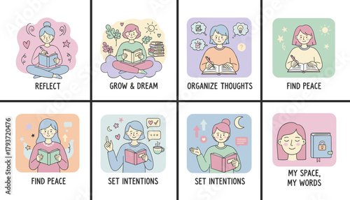 Vector icons showing women journaling for reflection selfcare peace organizing thoughts and personal growth
